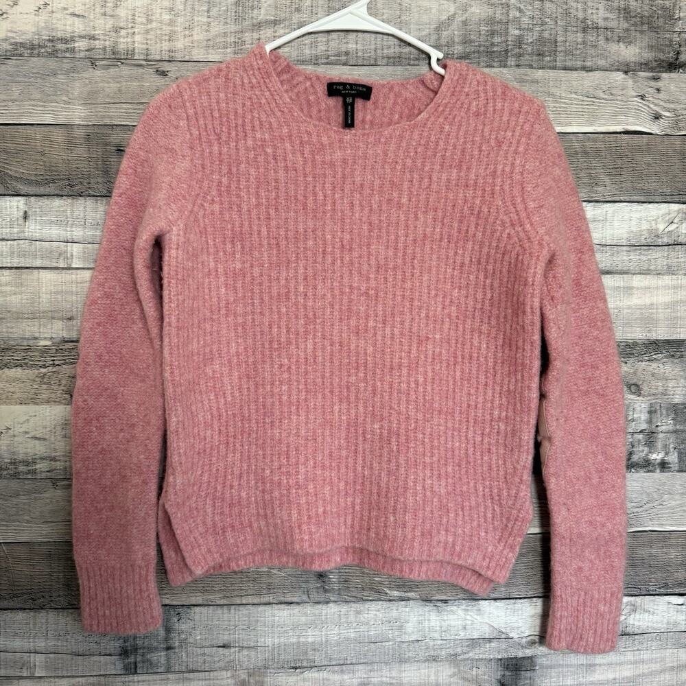 Rag & Bone Women's Extra Fine Merino Wool Sweater Suede Elbow Patch Pink XS
